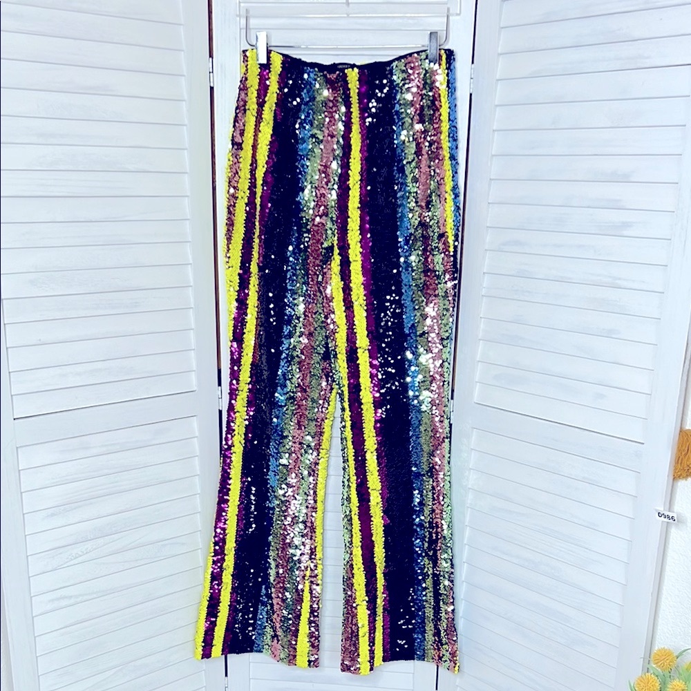 FOREVER 21 l Sequin Striped Pants Retro High Waist Straight Let 80s 90s Size L - Picture 3 of 16